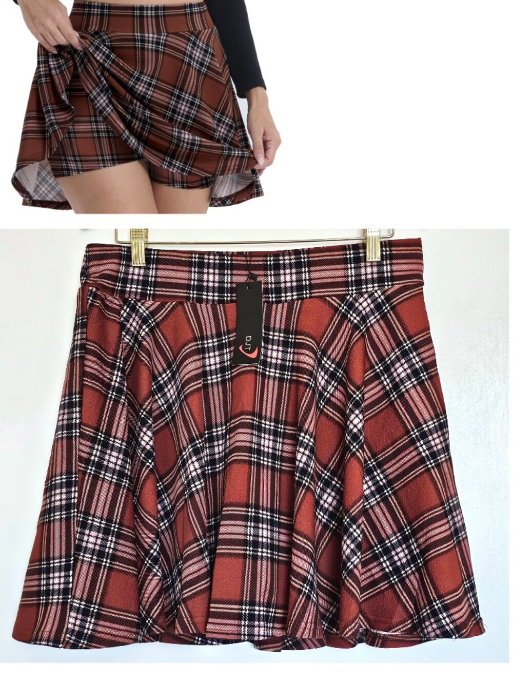 NWT DJT Stretchy High Waist Mini Skater Skirt Shorts Skort XL Fit & Flare Plaid